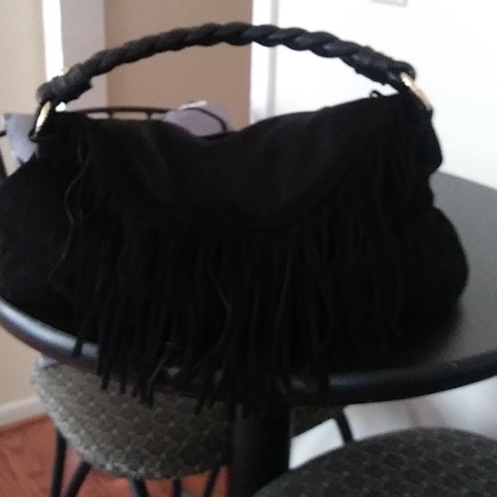 Black Suede CZ Falconer Fringed Handbag